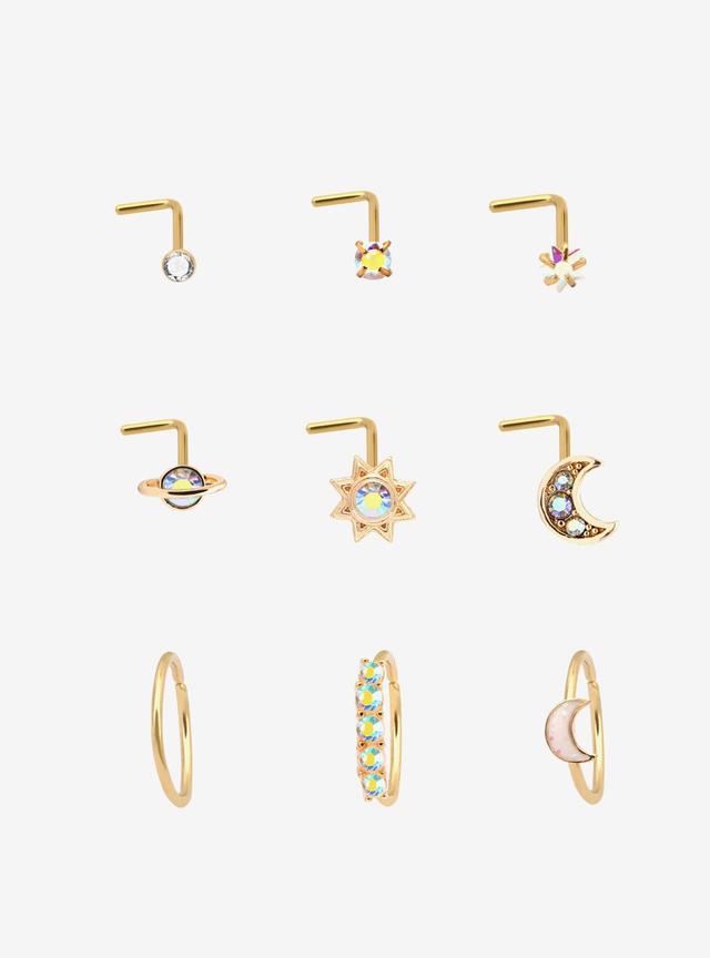 Steel Gold Celestial Iridescent Gem Nose Stud &amp; Hoop 9 Pack