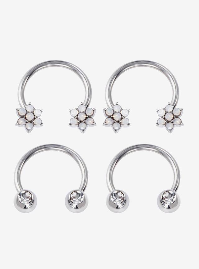 Steel Silver Flower &amp; Gem Circular Barbell 4 Pack