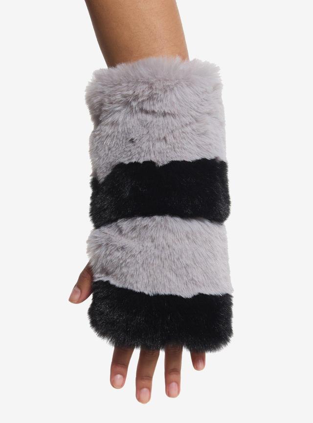 Black & Grey Stripe Fuzzy Fingerless Gloves