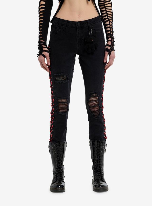 Black &amp; Red Lace-Up Mesh Destructed Skinny Jeans