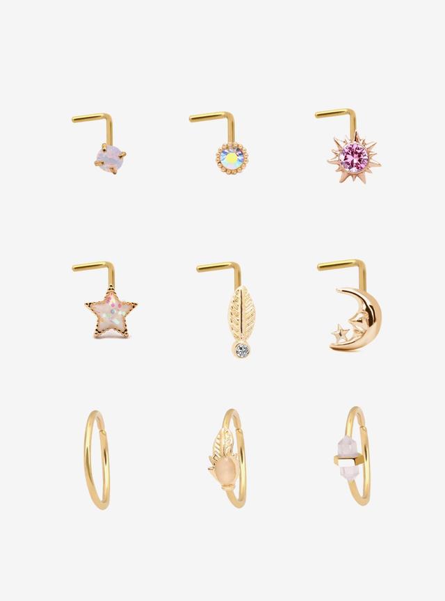 Steel Boho Feather Nose Stud &amp; Hoop 9 Pack