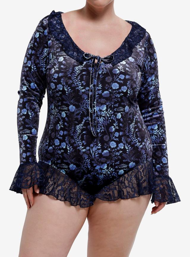 Cosmic Aura Dark Floral Lace Trim Long-Sleeve Romper Plus Size