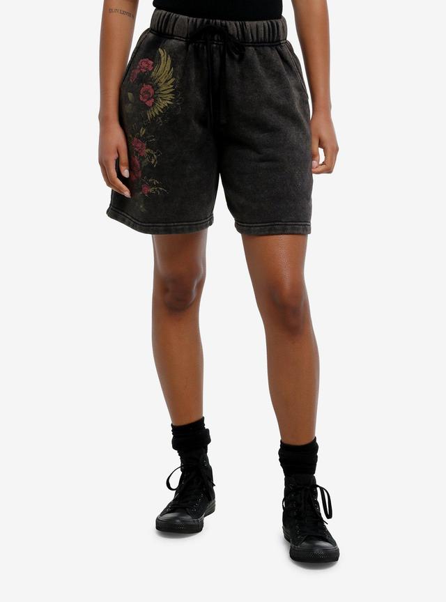 Roses &amp; Wings Charcoal Grey Washed Girls Fleece Shorts