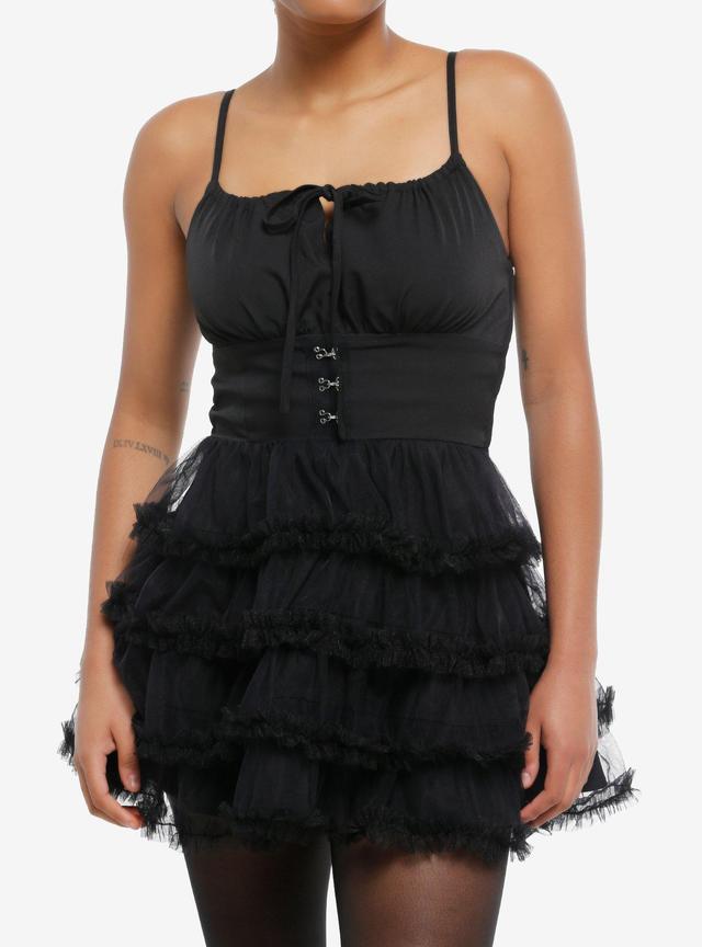Black Corset Tiered Tulle Ruffle Cami Dress