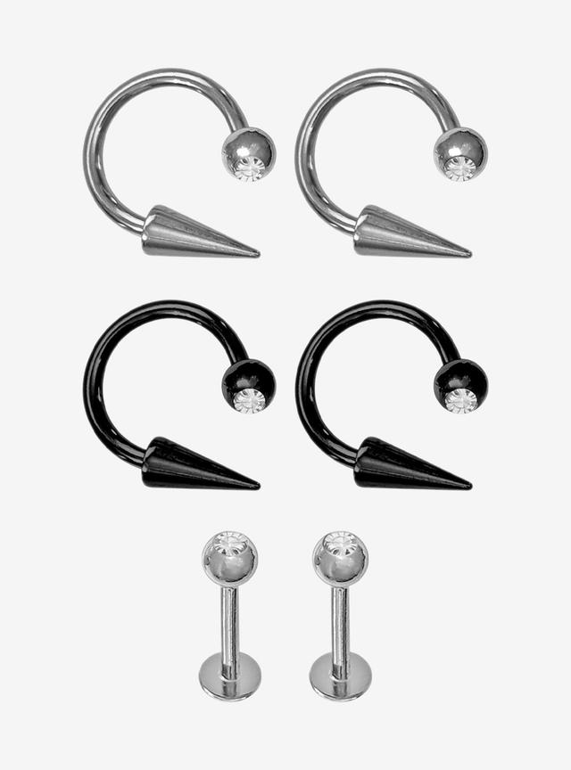 Steel Black & Silver Clear Gem Labret Stud & Circular Barbell 6 Pack