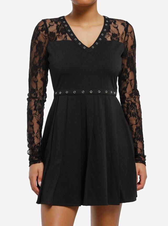 Cosmic Aura Black Lace Panel & Grommet Long-Sleeve Mini Dress