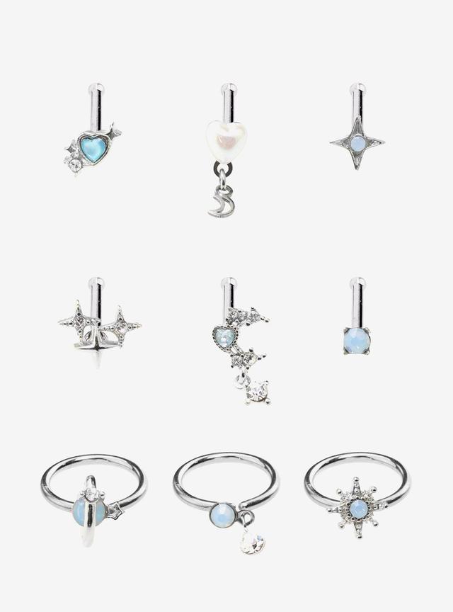 Steel Celestial Pearl Bling Nose Stud &amp; Hoop 9 Pack