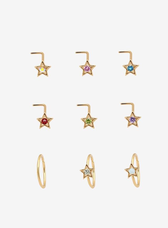 Steel Gold Star Bling Nose Stud &amp; Hoop 9 Pack