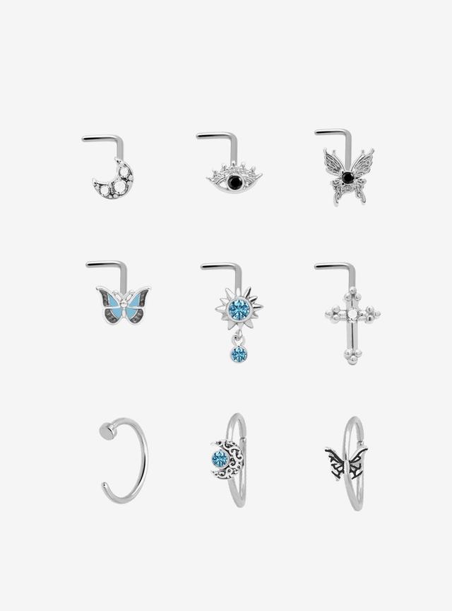 Steel Blue Butterfly Celestial Nose Stud &amp; Hoop 9 Pack