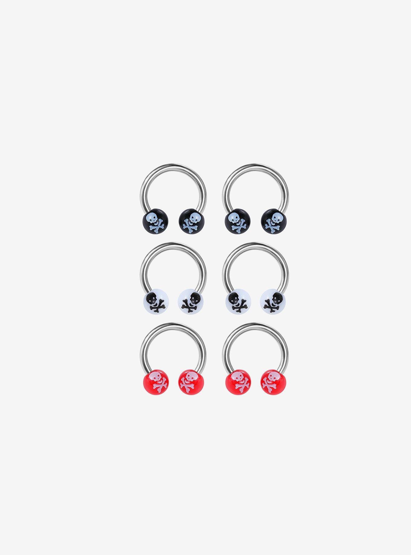 16G Steel Black & Red Skull & Crossbones Circular Barbell 6 Pack