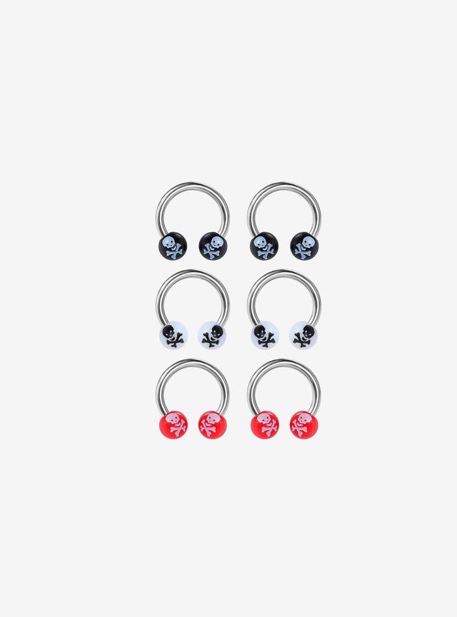 16G Steel Black & Red Skull & Crossbones Circular Barbell 6 Pack