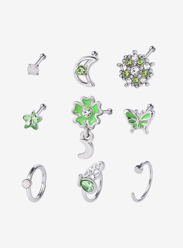 20G Steel Green Butterfly Flower Nose Stud &amp; Hoop 9 Pack