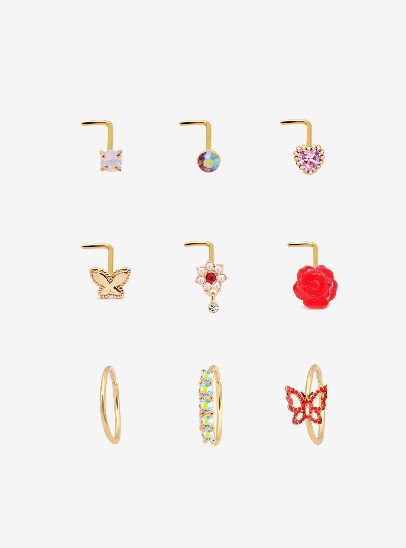 Steel Floral Butterfly Heart Nose Stud &amp; Hoop 9 Pack