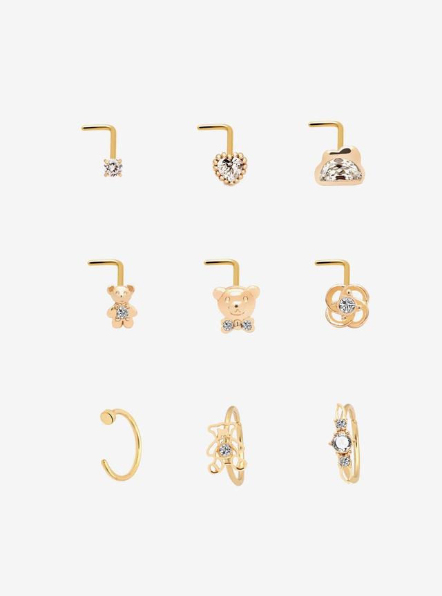 Steel Gold Teddy Bear &amp; Gem Nose Stud &amp; Hoop 9 Pack