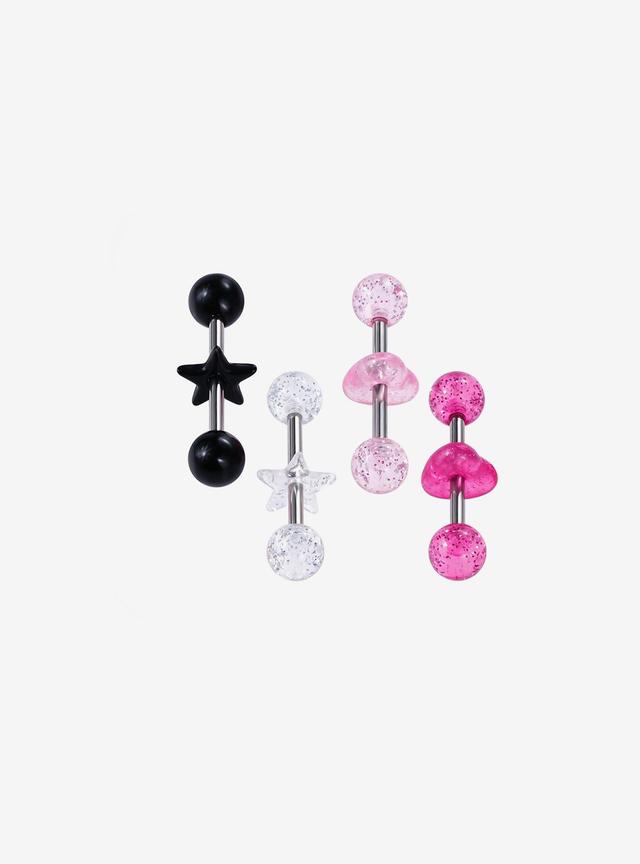 14G Steel Silver Pink & Black Star Heart Tongue Barbell 4 Pack