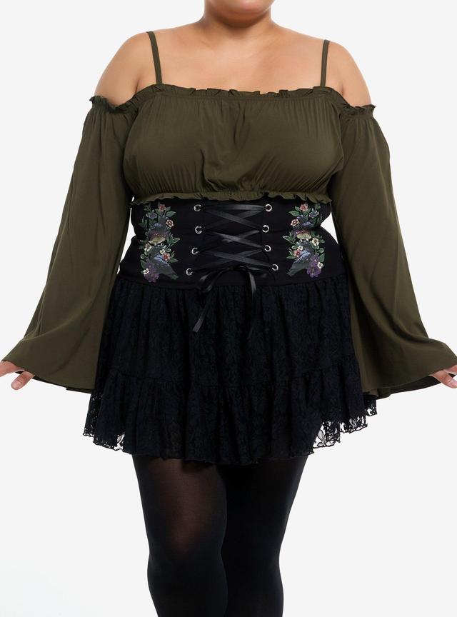 Cosmic Aura Green & Black Lace-Up Cold Shoulder Girls Bell Sleeve Top Plus Size