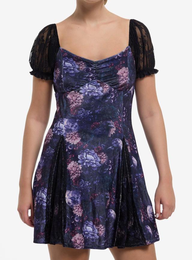 Cosmic Aura Purple Floral Velvet Puff Sleeve Mini Dress