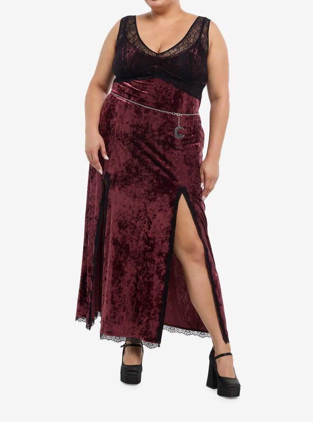 Cosmic Aura Maroon Velvet Moon Chain Slit Maxi Dress Plus Size