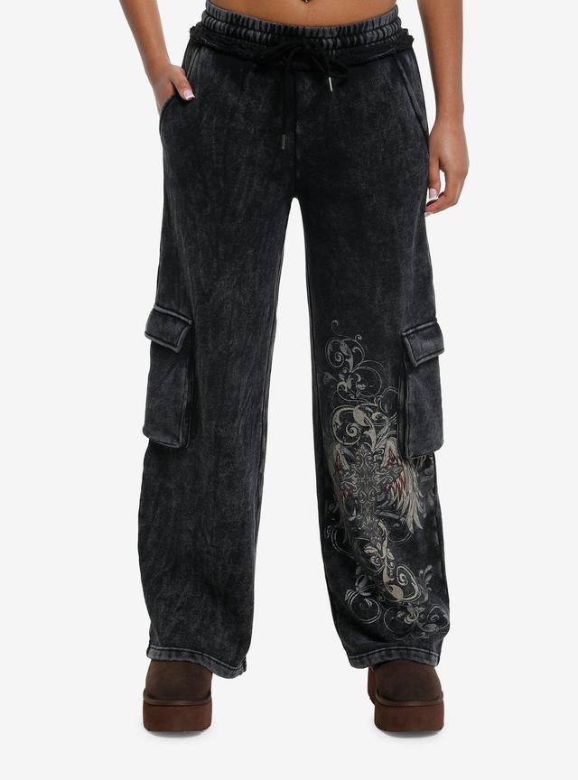 Skull Filigree Dark Wash Cargo Wide Leg Sweatpants