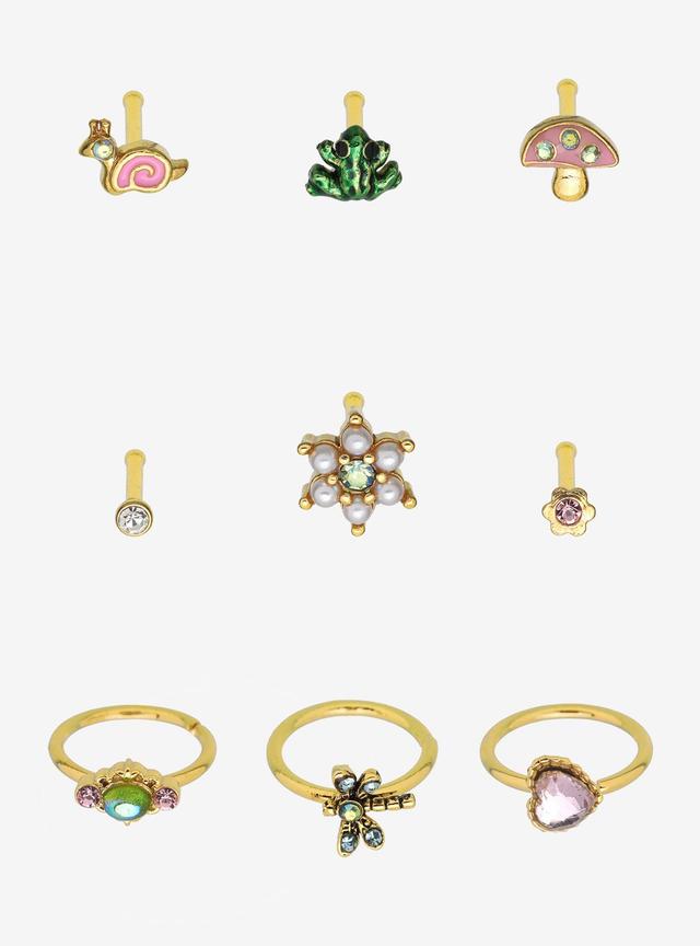 Steel Gold Frog &amp; Mushroom Nose Stud &amp; Hoop 9 Pack