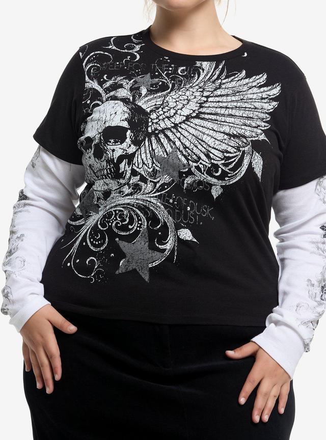 Black & White Winged Skull & Filigree Girls Twofer Long-Sleeve T-Shirt Plus Size