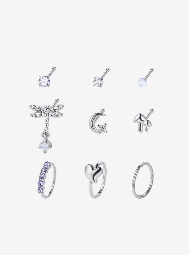 Steel Dragonfly Mushroom Heart Nose Stud &amp; Hoop 9 Pack