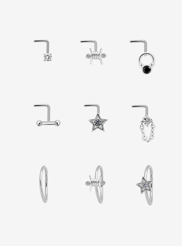 Steel Barbed Wire Star Nose Stud & Hoop 9 Pack