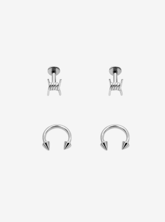 16G Steel Silver Barbed Wire &amp; Spike Labret Stud &amp; Circular Barbell 4 Pack