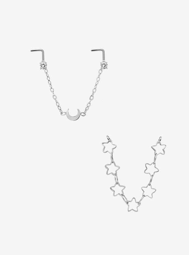 Steel Silver Celestial Nose Chain Stud