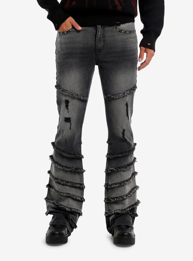 Dismantle Faded Black Frayed & Studded Wide Flare Jeans