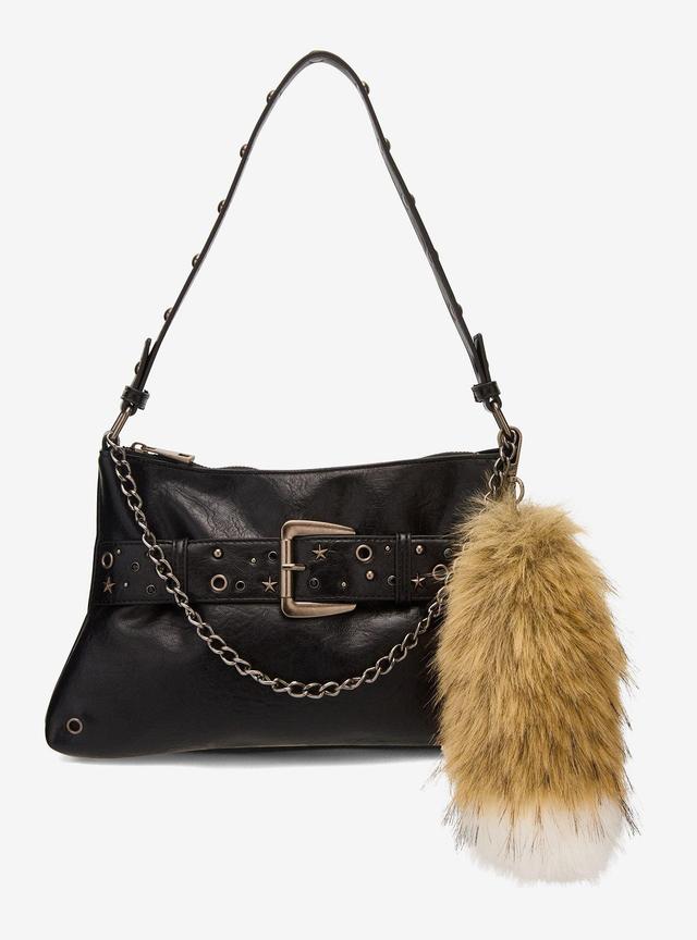 Black Buckle Chain Fox Tail Shoulder Bag