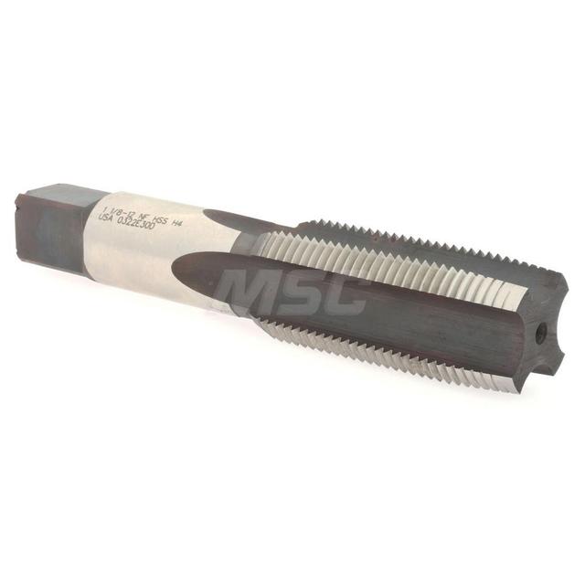 Hertel Straight Flute Tap: 1-1/8-12 UNF, 4 Flute, Taper Chamfer, 3B Class of Fit, High-Speed Steel, Bright/Uncoated Finish - 5-7/16" OAL, Right Hand