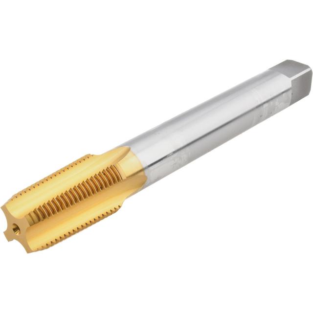 Hertel Extension Pipe Tap: 1/2-14 NPT, 4 Flutes, Plug Chamfer, High Speed Steel - 0.6875" Shank Dia, 6" OAL, TiN Finish | Part #015925AS25