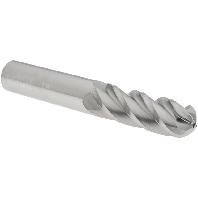 Accupro High Performance Milling Ball End Mill: 3/4" Dia, 2-1/4" LOC, 4 Flute, Solid Carbide - 5" OAL, 3/4" Shank Dia, 40 deg Helix, Bright/Uncoated
