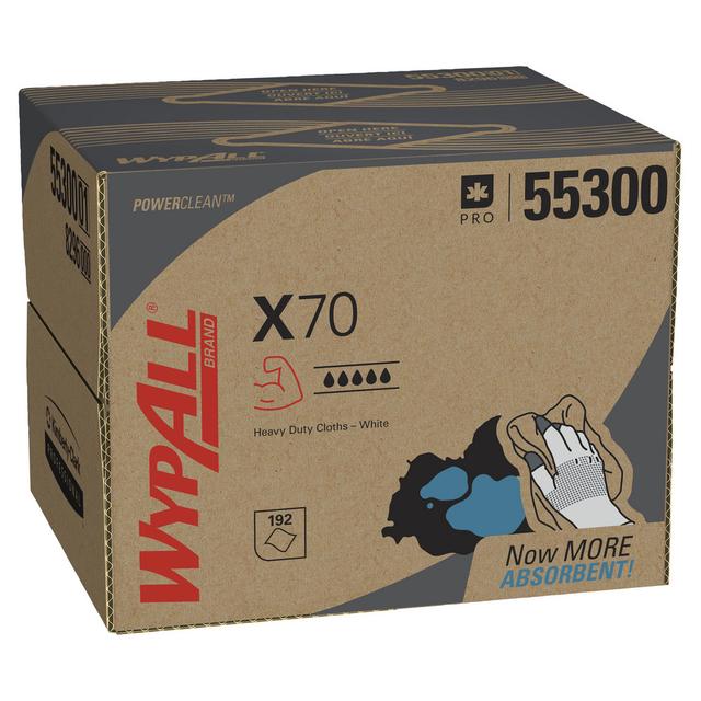 WypAll | X70 PowerClean™ x70 Medium Duty Cloths (55300), Brag Box, Long Lasting Towels, White - 200 Sheets/Box, 1 Box/Case, 200 Sheets/Case