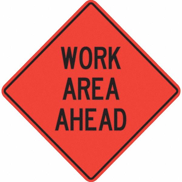 PRO-SAFE Traffic Control Sign: Triangle, Work Area Ahead - Vinyl, Sign Stand, 48" High, 48" Wide
