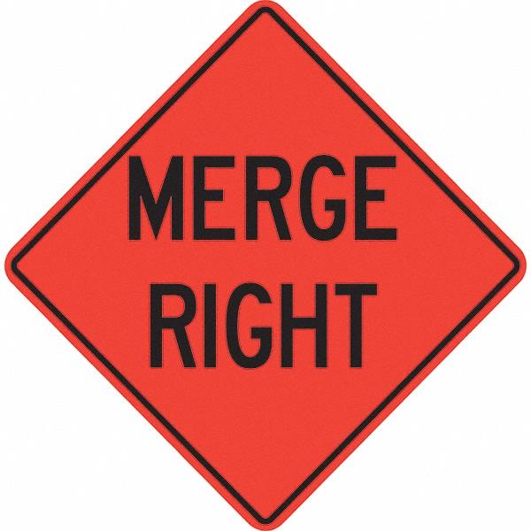 PRO-SAFE Traffic Control Sign: Triangle, Merge Right - Vinyl, Sign Stand, 48" High, 48" Wide