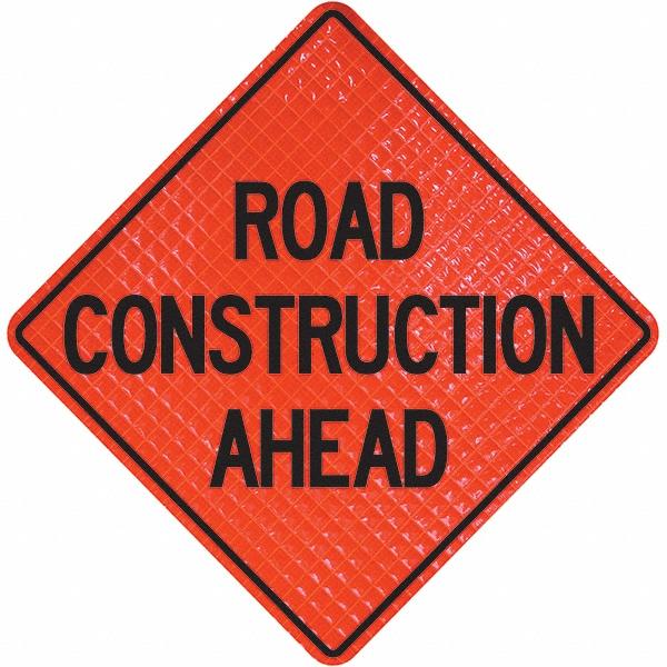 PRO-SAFE Traffic Control Sign: Triangle, Road Construction Ahead - Vinyl, Sign Stand, 48" High, 48" Wide