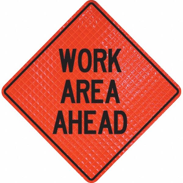 PRO-SAFE Traffic Control Sign: Triangle, Work Area Ahead - Vinyl, Sign Stand, 36" High, 36" Wide
