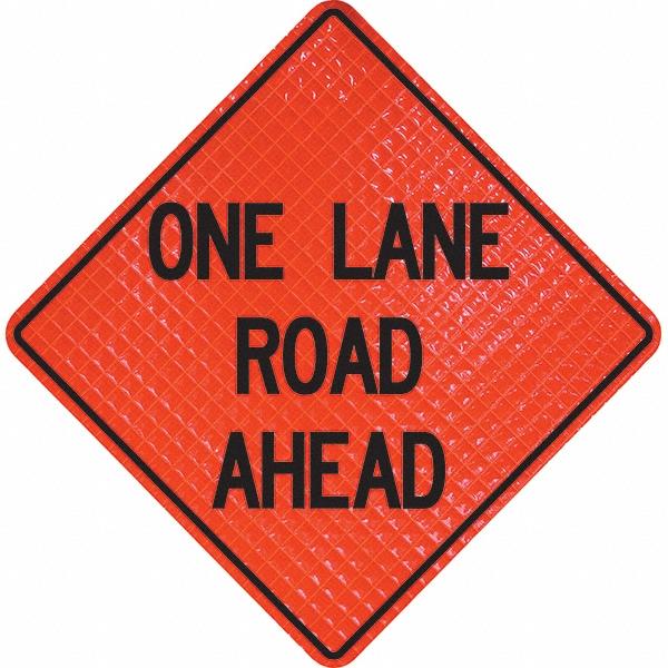 PRO-SAFE Traffic Control Sign: Triangle, One Lane Road Ahead - Vinyl, Sign Stand, 36" High, 36" Wide