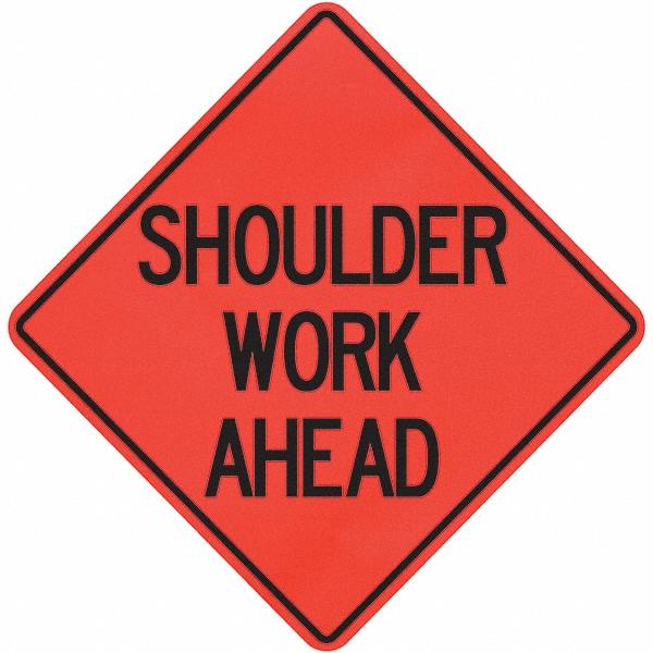 PRO-SAFE Traffic Control Sign: Triangle, Shoulder Work Ahead - Vinyl, Sign Stand, 36" High, 36" Wide