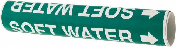 Made in USA Pipe Marker w/ Soft Water Legend & Arrow Graphic - 1-1/8 to 2-3/8" Pipe Outside Dia, White on Green