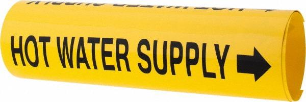 Made in USA Pipe Marker w/ Hot Water Supply Legend & Arrow Graphic - 3-3/8 to 4-1/2" Pipe Outside Dia, Black on Yellow