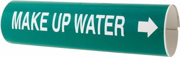 Made in USA Pipe Marker w/ Make-Up Water Legend & Arrow Graphic - 4-5/8 to 5-7/8" Pipe Outside Dia, White on Green