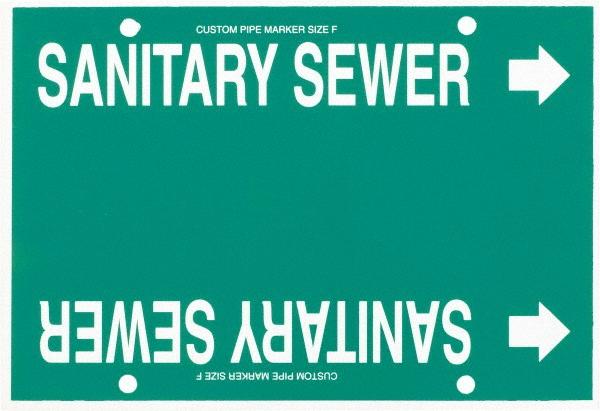 Made in USA Pipe Marker w/ Sanitary Sewer Legend & Arrow Graphic - 6 to 8" Pipe Outside Dia, White on Green