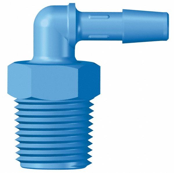 Made in USA Barbed Tube Threaded Elbow: 1/8" Barbs, 1/8" NPT - Blue | Part #L2-2AGHDPE