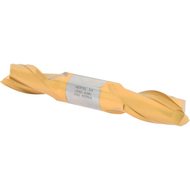 Hertel Square End Mill: 3/4" Dia, 1-5/16" LOC, 2 Flute, High Speed Steel - 5" OAL, 3/4" Shank Dia, 30 deg Helix, TiN Finish, Double End, Series