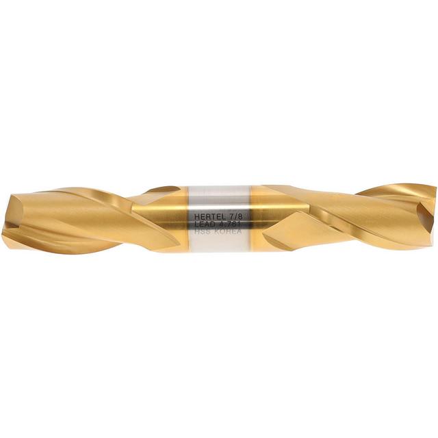 Hertel Square End Mill: 7/8" Dia, 1-9/16" LOC, 2 Flute, High Speed Steel - 5-1/2" OAL, 7/8" Shank Dia, 30 deg Helix, TiN Finish, Double End, Series