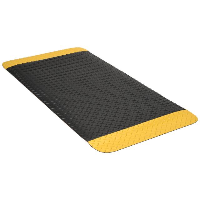 PRO-SAFE Anti-Fatigue Mat: 2' Long, 4' Wide, 9/16 Thick, Vinyl, Beveled Edges, Heavy-Duty - Diamond Plate Surface, Black & Yellow, for Dry Areas