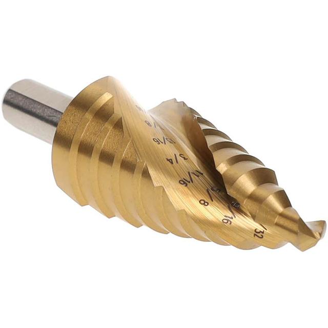 Hertel Step Drill Bit: 13/32" Min, 1" Max, 3/8" Shank Dia, High-Speed Steel, 9 Hole Sizes - 1/8" Step Length, Titanium Nitride Finish, Round with
